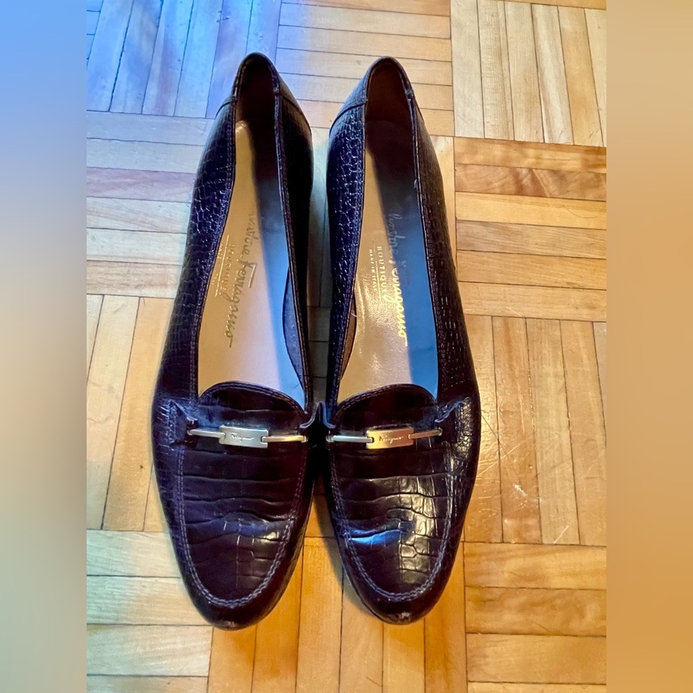 Salvatore Ferragamo Dark Brown Embossed Loafers – Size 8
